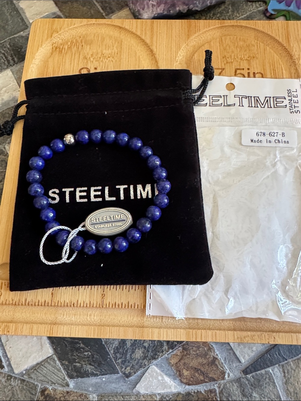 Mens Blue Lapis & Stainless Steel Beaded Bracelet